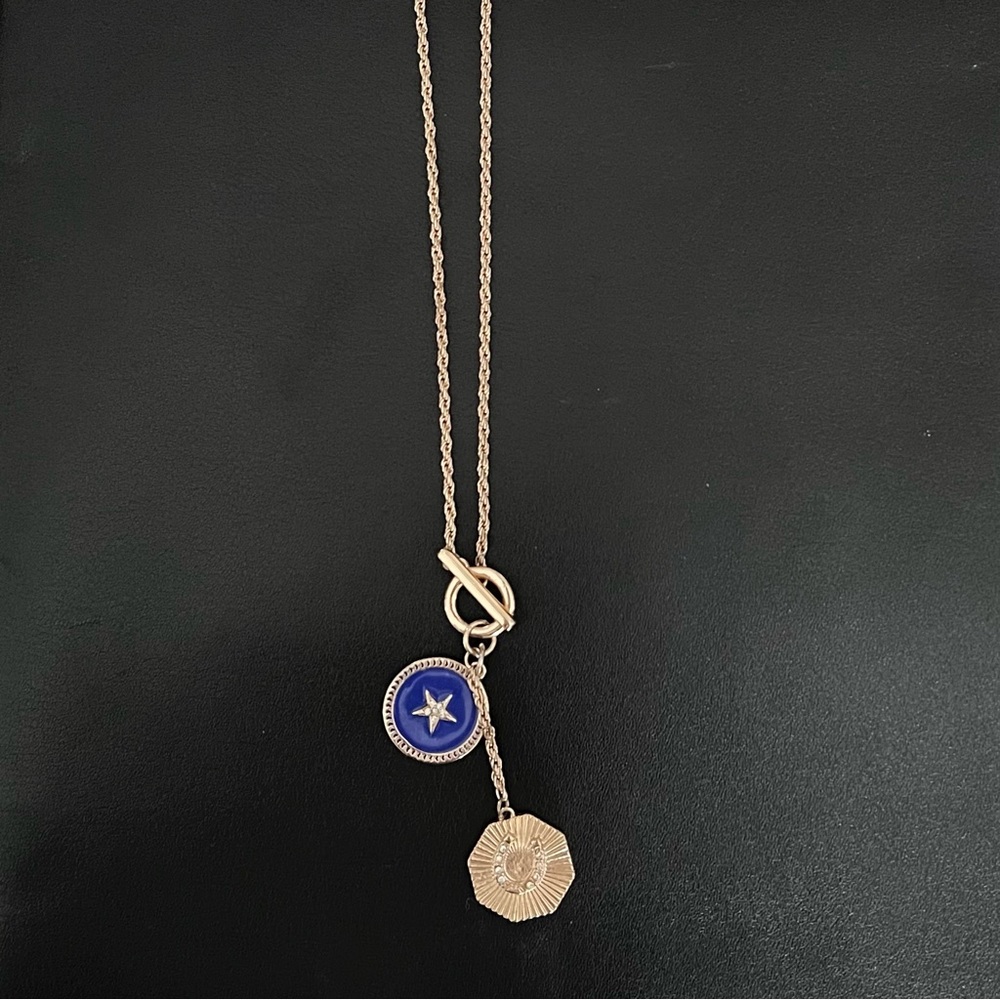 Blue and Gold toggle necklace with charms